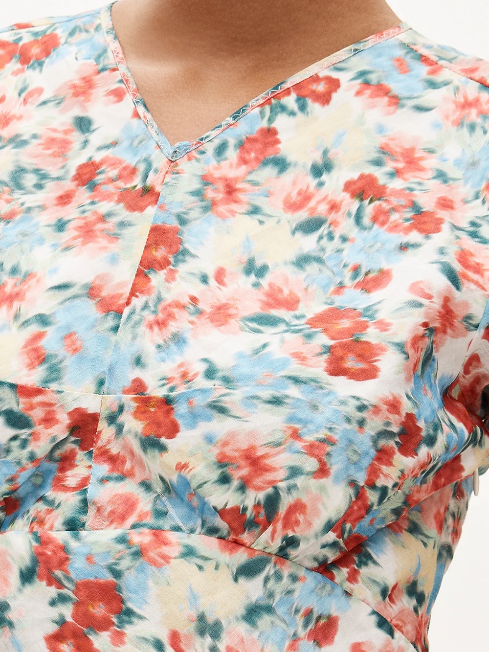 Floral V-Neck Puff Sleeve Dress Top - Coral & Sky Blue